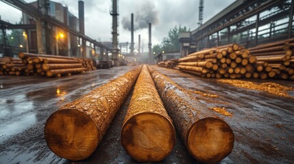 Wet lumber logs at industrial sawmill.