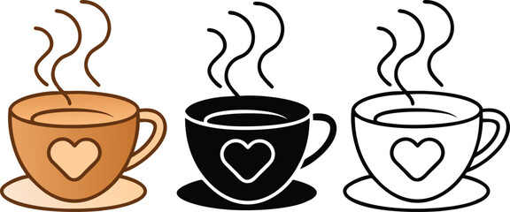 Three Cute Coffee Cups with Hearts and Steam