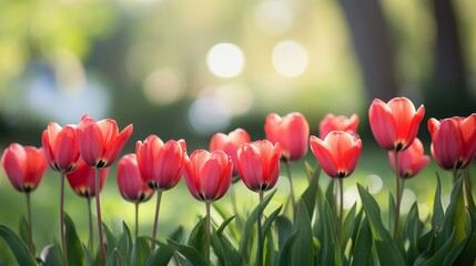 Obraz premium Blooming tulips in springtime garden nature photography soft focus background capturing serenity and beauty