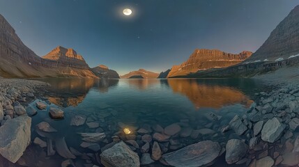 This is a panoramic view of the famous St Mary lake with moon at Glacier National Park
