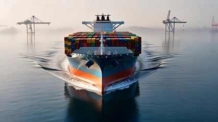 Large Cargo Ship Loaded with Colorful Containers Navigating Through a Calm Harbor with Cranes in the Background

