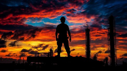 Fototapeta premium Sunset silhouette of a worker at an industrial site urban environment landscape photography dramatic viewpoint