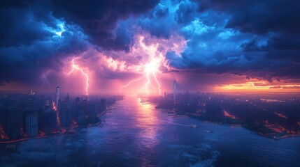Obraz premium Dramatic lightning storm over a city at sunset.