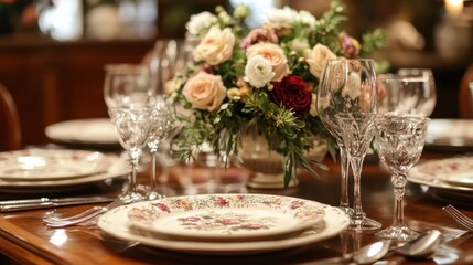 Fototapeta premium Elegant table setting adorned with fresh blooms, creating an inviting atmosphere for a gathering.