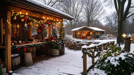 Naklejka premium Festive Wooden Cabins Decorated with Christmas Lights and Snow