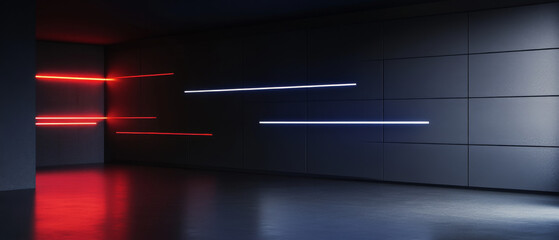 Futuristic interior with glowing red and blue lines on dark walls