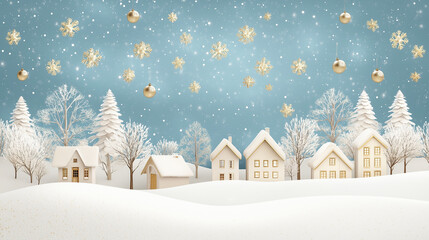 Snowy winter village scene with glowing lights, snowflakes and white Christmas trees.	