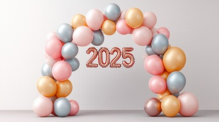 A colorful balloon arch featuring pastel shades with the year "2025" displayed prominently in the center.