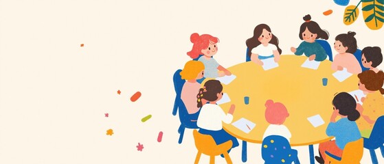 Naklejka premium illustration of Diverse group of people gathered around a round table for discussion.