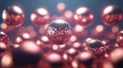 A close-up of shimmering spheres in a soft-focus background, showcasing intricate details and a glossy metallic finish.