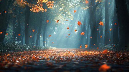 Forest glade with scattered leaves