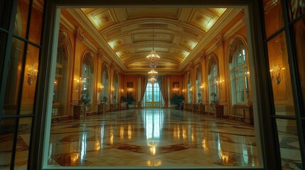 Hallway of an elegant mansion with high ceilings and chandeliers seen through a window