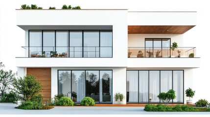 Modern Two-Story House with Balcony and Large Windows