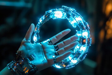 Hand holding arm circle round element technology robot futurist cyborg.