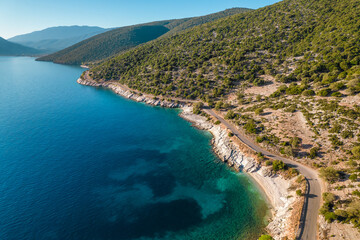 Obraz premium Aerial view of the stunning Ionian Sea coastline on Kefalonia Island, Greece.