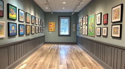 Gallery wall adorned with framed children's artwork, each piece telling a unique story.