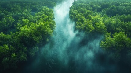 A serene river meanders through lush green mangroves, shrouded in mist.