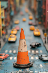 Traffic cone, A vibrant street scene featuring a traffic cone surrounded by yellow taxis, showcasing urban life and traffic management.