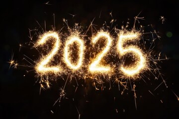 2025 written with golden sparklers on a black background