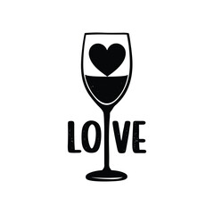 Black and White Minimalist Wine Glass with Heart - Elegant Romantic Vector Design