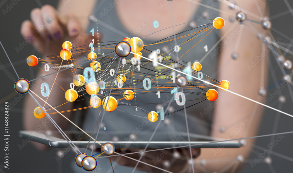 Aufkleber Global network. Blockchain. 3D illustration. Neural networks and artificial intelligence. Abstract  3d