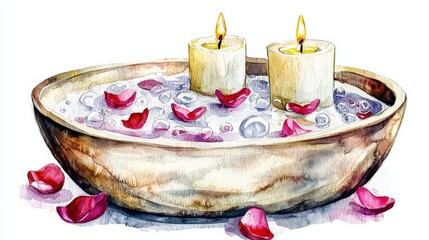 Naklejka premium Wooden bowl, water, rose petals, floating candles