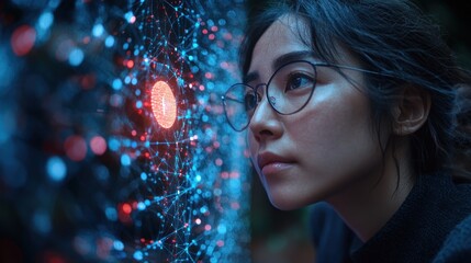 Woman examining futuristic holographic display.