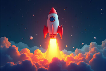 A vibrant graphic of a rocket launching from a glowing light bulb base