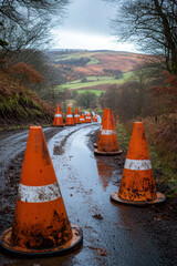 Traffic cone, Traffic cones line a muddy, winding road surrounded by lush hills, creating a stark contrast against the overcast sky.