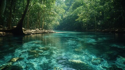 Naklejka premium A serene river surrounded by lush greenery, showcasing clear waters and natural beauty.