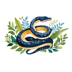 Elegant Blue Snake Coiled Amidst Lush Green Tropical Foliage