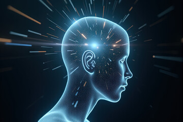 Obraz premium Abstract light rays forming the shape of a human head with digital elements