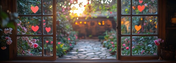 View through a casement window overlooking a vibrant courtyard garden with hearts
