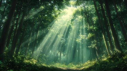 Obraz premium Serene forest with sunlight streaming through lush greenery.