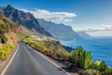 Fototapeta premium Quiet,coastal,road,Tenerife,leading,secluded,village,journey,framed,wild,coastal,scenery,