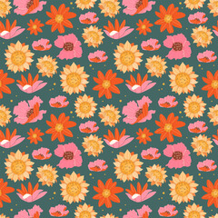 Obraz premium Floral seamless pattern with daisies, sunflowers, poppies on a dark background