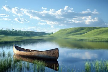 Obraz premium Tranquil minimalist lake with a wooden canoe under blue sky - Generative AI
