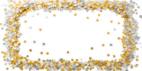 Festive background with falling gold and silver confetti. Shiny metallic pieces of different shapes create a celebratory atmosphere. PNG