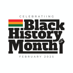 Black History Month banner, poster, template with flag and fist hand icon on white background. Black history month logo, sticker, label, tag for Africa American national holiday in USA and Canada.