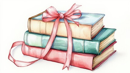 Stack of books tied with a pink ribbon