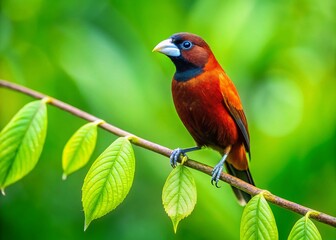 Fototapeta premium Chestnut Munia Bird on Branch, Vibrant Green Leaves, Wildlife Photography