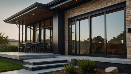 Modern home's exterior showcasing a patio, stone steps, large black-framed sliding glass doors, and a stone facade. Outdoor seating visible through the glass. Sunset lighting.