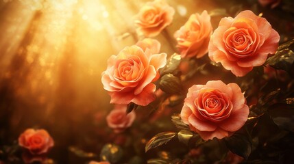 Sunlit peach roses blooming in garden.