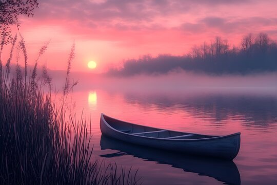 Tranquil sunrise lake with misty reflections and empty canoe - Generative AI
