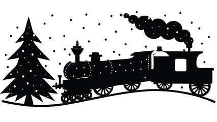 silhouette of a festive Christmas train traveling through a snowy landscape