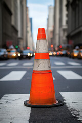 Traffic cone, A close-up of an orange traffic cone on a city street, surrounded by blurred cars and buildings, indicating a construction or traffic situation.