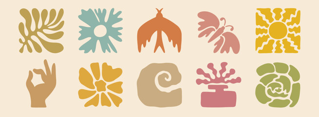boho summer beach doodle retro drawing icon set. Hand drawn groovy geometric sun, bird, flower, leaf. abstract square tropical icons in freehand retro hand drawn style