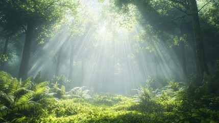 Fototapeta premium Lush greenery filled with vibrant foliage, dappled sunlight filtering through dense tree canopies.