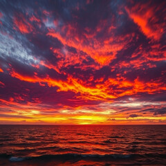 dynamic fiery sunset over ocean, with vibrant red and orange clouds reflecting on water surface