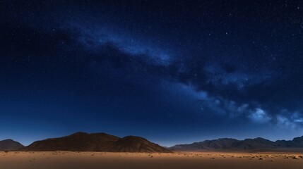 Night sky over desert landscape. Stars, milky way shining above mountains, sand. Peaceful dark outdoors scene. Nighttime nature. Majestic, serene atmosphere. Ideal for astronomy lovers seeking